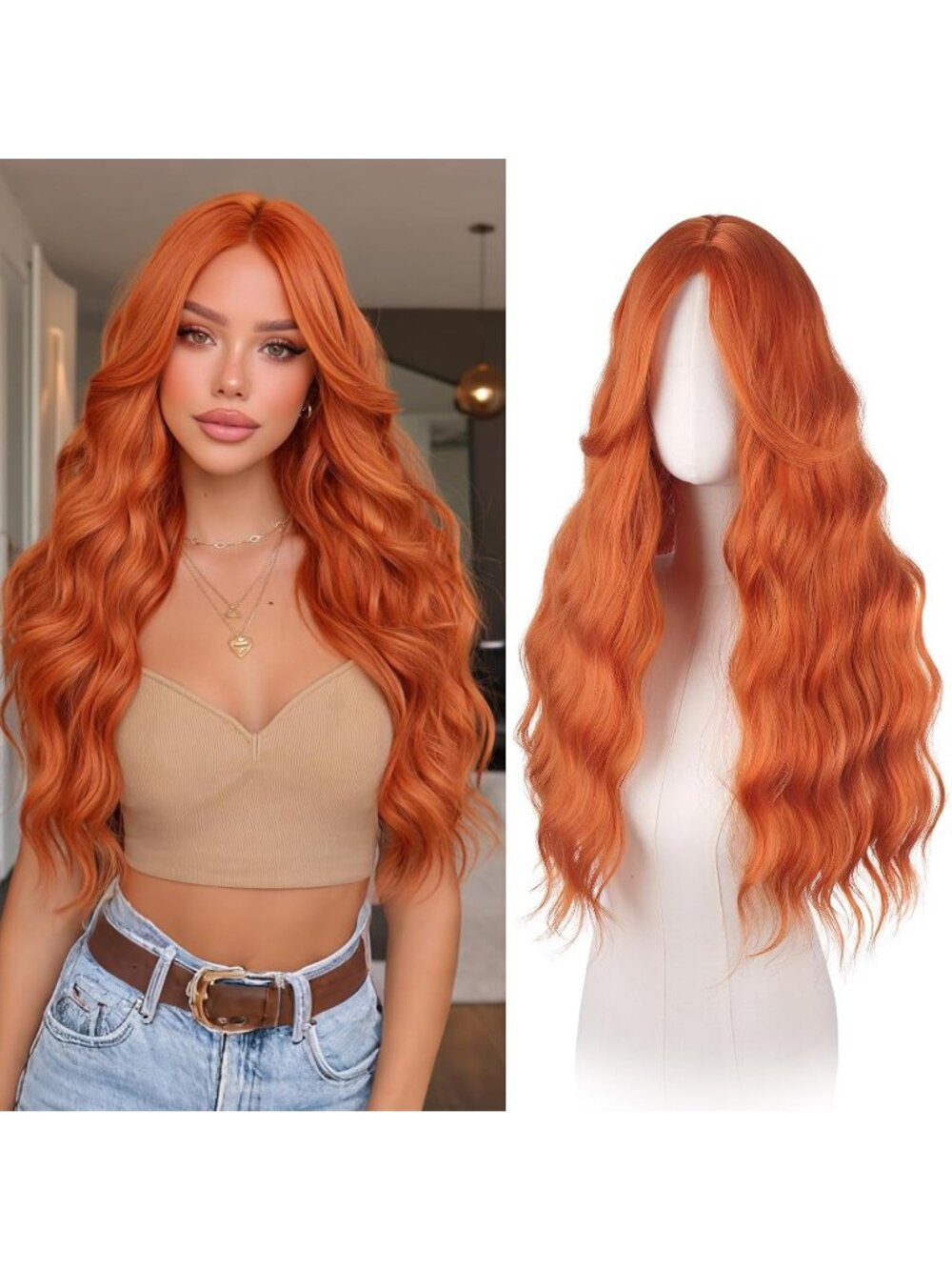 Women's Red Auburn 26 Inch Heat Resistant Curtain Bangs Long Wavy Wigs